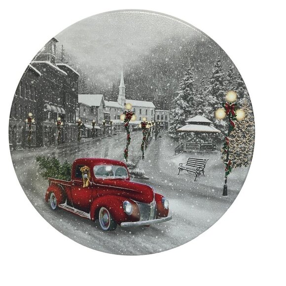 Vintage Christmas Tin With Red Truck & Dog Winter Scene Christmas Tree Snow - Picture 1 of 7